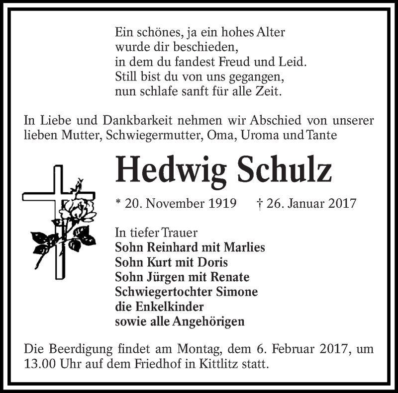  Traueranzeige für Hedwig Schulz vom 31.01.2017 aus lausitzer_rundschau
