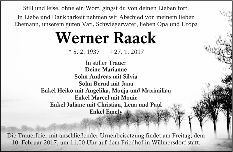  Traueranzeige für Werner Raack vom 04.02.2017 aus lausitzer_rundschau