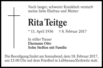 Traueranzeige von Rita Teitge von lausitzer_rundschau