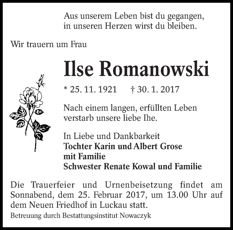  Traueranzeige für Ilse Romanowski vom 04.02.2017 aus lausitzer_rundschau