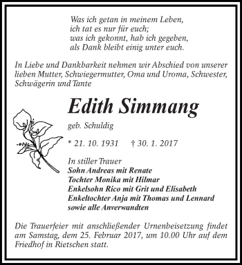 Traueranzeige von Edith Simmang von lausitzer_rundschau