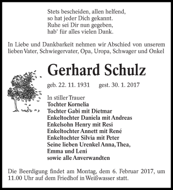 Traueranzeige von Gerhard Schulz von lausitzer_rundschau