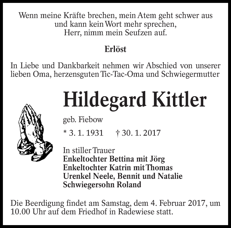  Traueranzeige für Hildegard Kittler vom 01.02.2017 aus lausitzer_rundschau