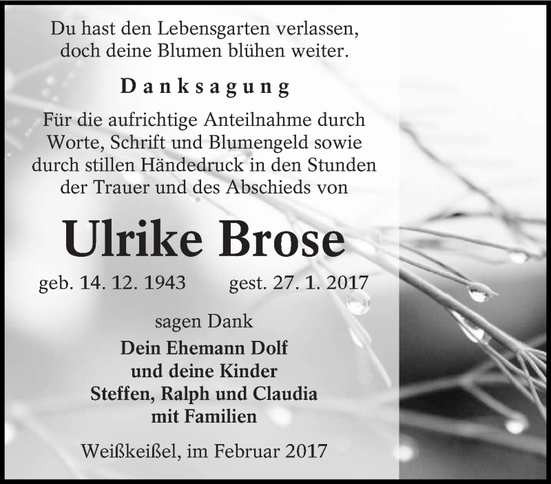  Traueranzeige für Ulrike Brose vom 11.02.2017 aus lausitzer_rundschau