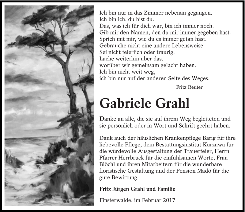  Traueranzeige für Gabriele Grahl vom 25.02.2017 aus lausitzer_rundschau