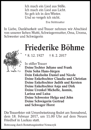 Traueranzeige von Friederike Böhme von lausitzer_rundschau