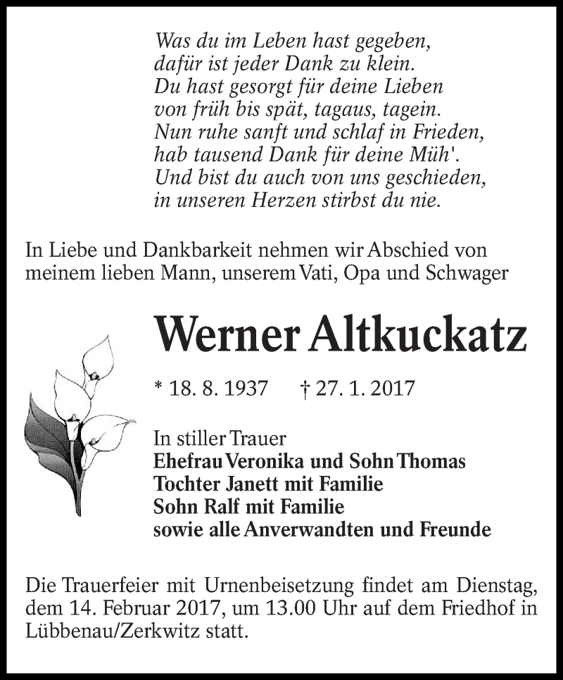  Traueranzeige für Werner Altkuckatz vom 02.02.2017 aus lausitzer_rundschau