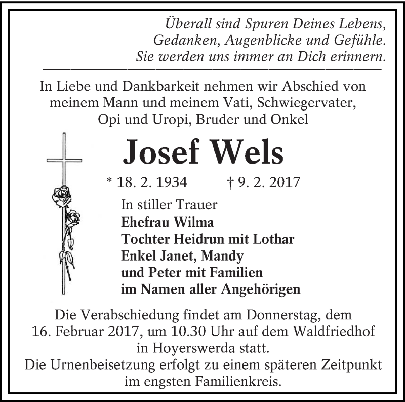  Traueranzeige für Josef Wels vom 14.02.2017 aus lausitzer_rundschau