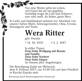 Traueranzeige von Wera Ritter von lausitzer_rundschau