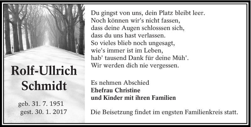  Traueranzeige für Rolf-Ullrich Schmidt vom 04.02.2017 aus lausitzer_rundschau
