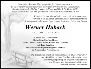 Traueranzeige von Werner Huback von lausitzer_rundschau