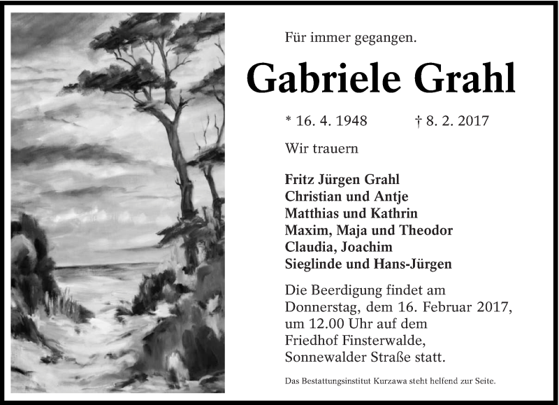  Traueranzeige für Gabriele Grahl vom 11.02.2017 aus lausitzer_rundschau