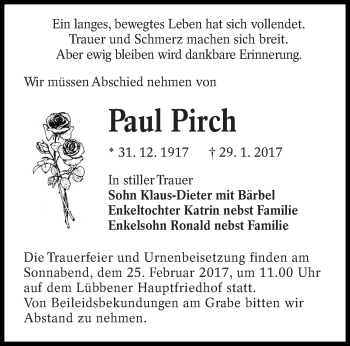 Traueranzeige von Paul Pirch von lausitzer_rundschau