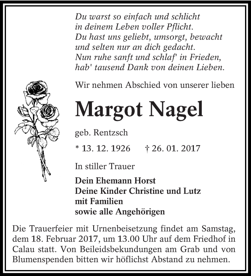  Traueranzeige für Margot Nagel vom 04.02.2017 aus lausitzer_rundschau