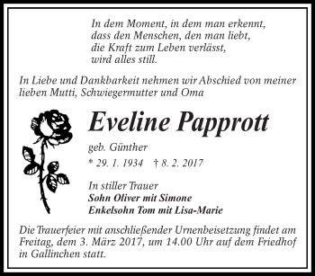 Traueranzeige von Eveline Papprott von lausitzer_rundschau