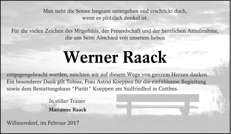  Traueranzeige für Werner Raack vom 18.02.2017 aus lausitzer_rundschau
