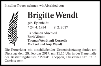 Traueranzeige von Brigitte Wendt von lausitzer_rundschau