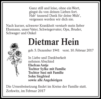 Traueranzeige von Dietmar Hein von lausitzer_rundschau