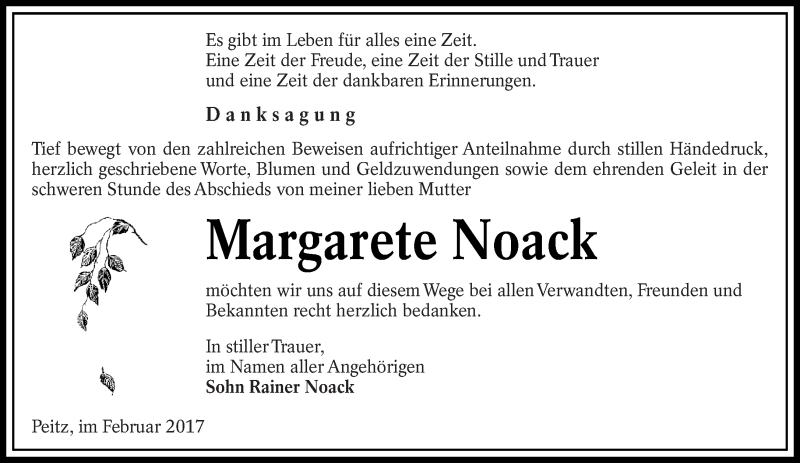  Traueranzeige für Margarete Noack vom 25.02.2017 aus lausitzer_rundschau