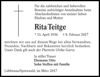 Traueranzeige von Rita Teitge von lausitzer_rundschau