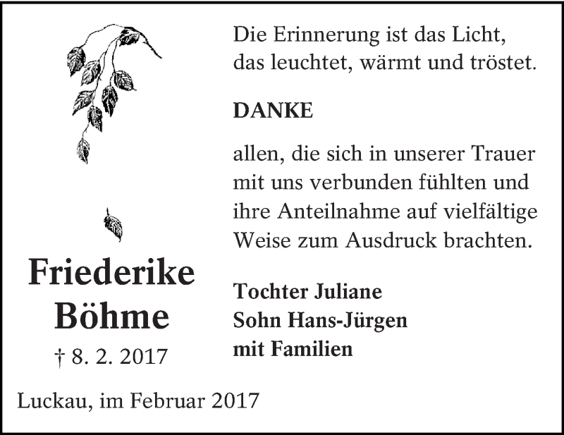  Traueranzeige für Friederike Böhme vom 04.03.2017 aus lausitzer_rundschau