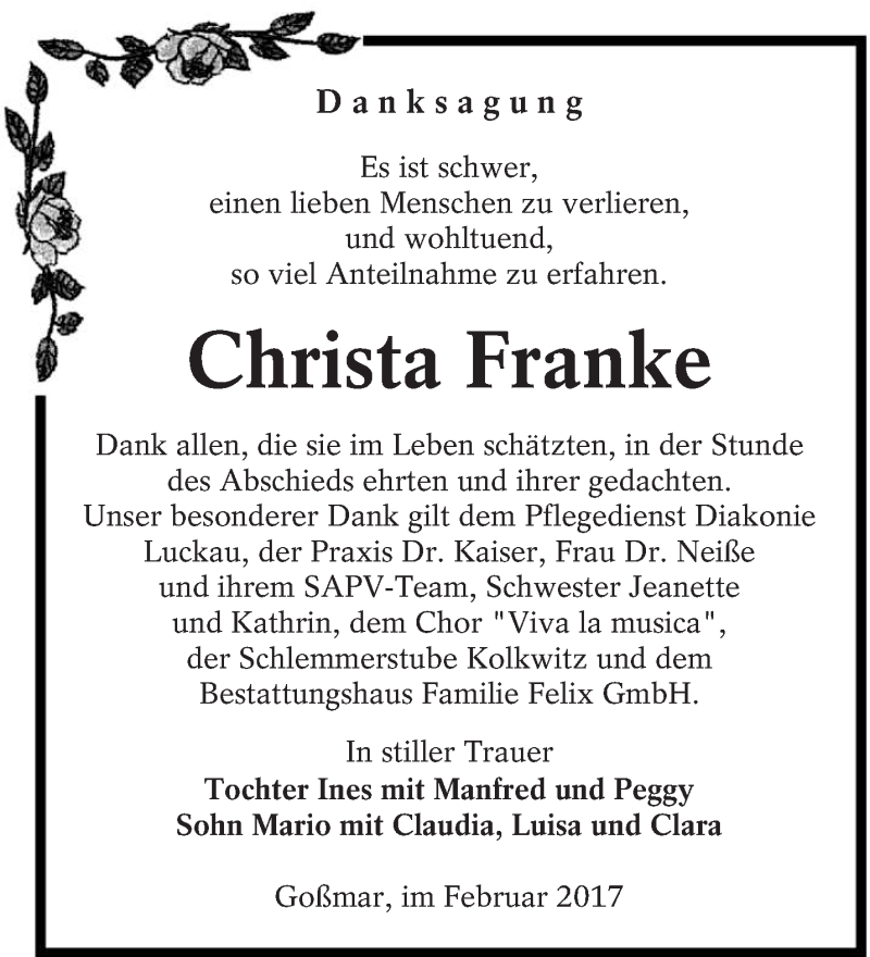  Traueranzeige für Christa Franke vom 04.03.2017 aus lausitzer_rundschau