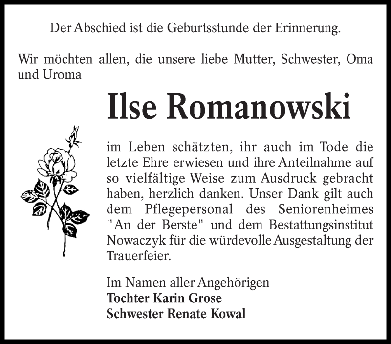  Traueranzeige für Ilse Romanowski vom 04.03.2017 aus lausitzer_rundschau