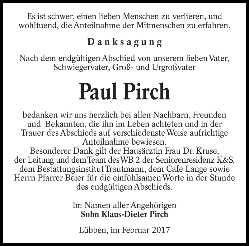  Traueranzeige für Paul Pirch vom 04.03.2017 aus lausitzer_rundschau
