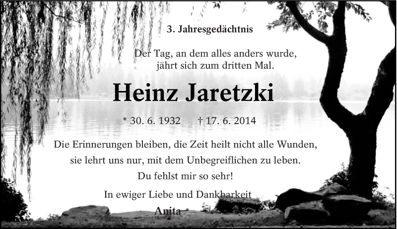  Traueranzeige für Heinz Jaretzki vom 17.06.2017 aus lausitzer_rundschau