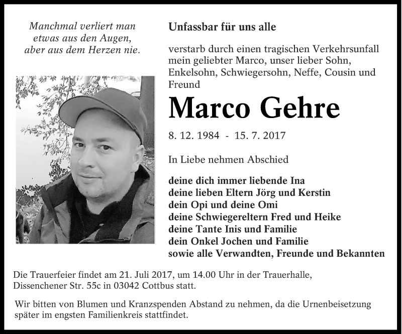  Traueranzeige für Marco Gehre vom 19.07.2017 aus lausitzer_rundschau