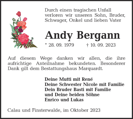 Traueranzeige von Andy Bergann von Lausitzer Rundschau