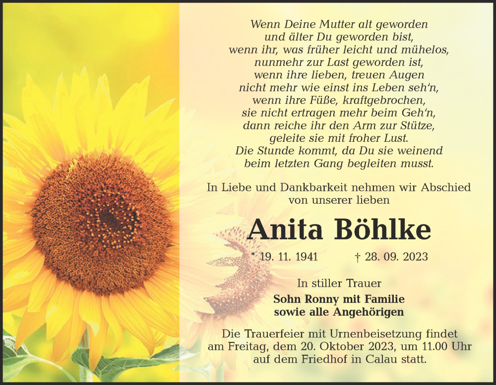  Traueranzeige für Anita Böhlke vom 07.10.2023 aus Lausitzer Rundschau