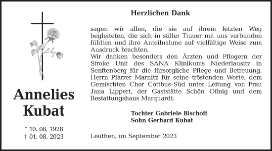 Traueranzeige von Annelies Kubat von Lausitzer Rundschau