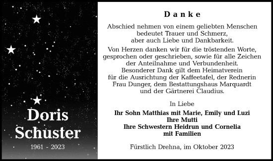 Traueranzeige von Doris Schuster von Lausitzer Rundschau
