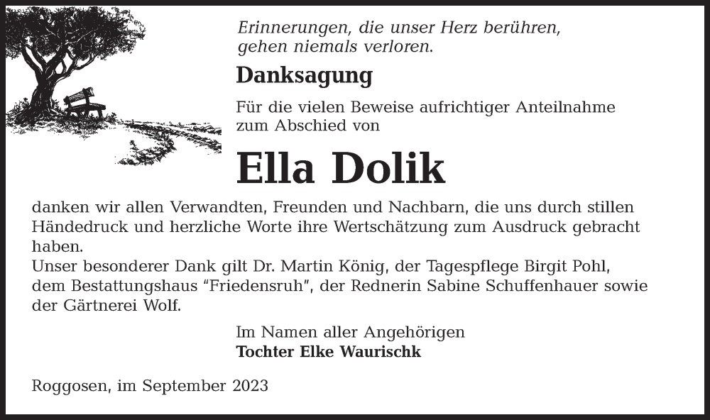  Traueranzeige für Ella Dolik vom 30.09.2023 aus Lausitzer Rundschau