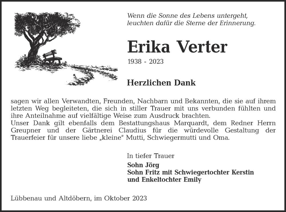  Traueranzeige für Erika Verter vom 14.10.2023 aus Lausitzer Rundschau