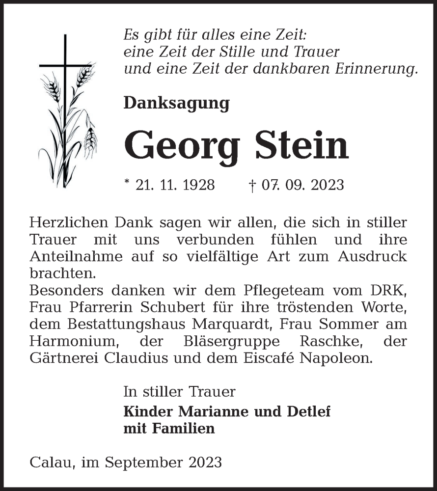 Traueranzeige für Georg Stein vom 30.09.2023 aus Lausitzer Rundschau