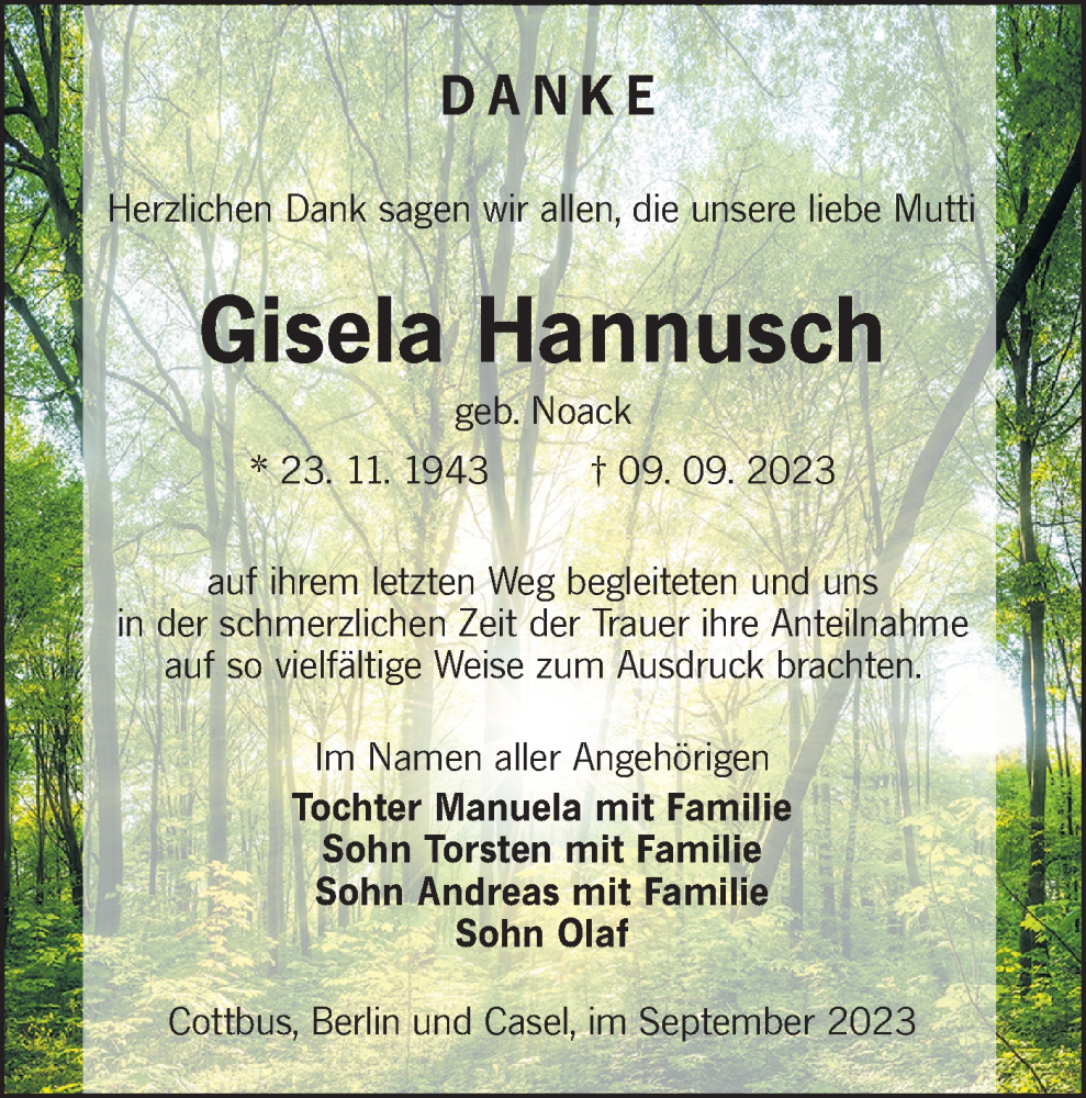  Traueranzeige für Gisela Hannusch vom 30.09.2023 aus Lausitzer Rundschau