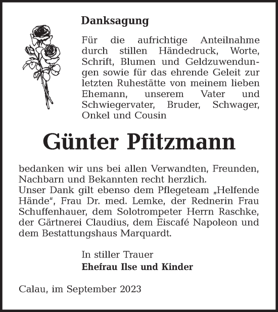 Traueranzeige von Günter Pfitzmann von Lausitzer Rundschau