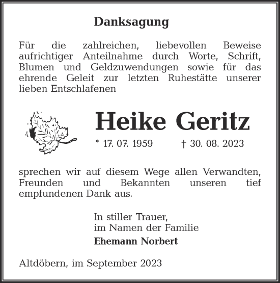 Traueranzeige von Heike Geritz von Lausitzer Rundschau