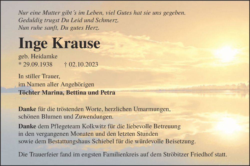  Traueranzeige für Inge Krause vom 28.10.2023 aus Lausitzer Rundschau