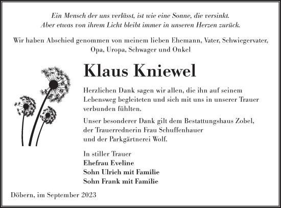 Traueranzeige von Klaus Kniewel von Lausitzer Rundschau