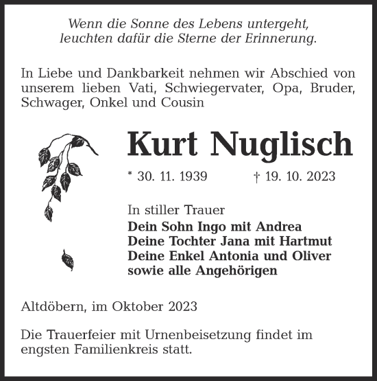 Traueranzeige von Kurt Nuglisch von Lausitzer Rundschau