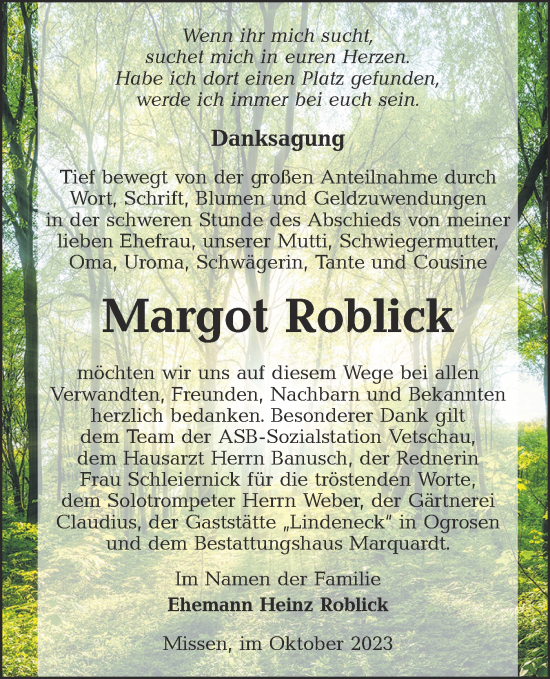 Traueranzeige von Margot Roblick von Lausitzer Rundschau