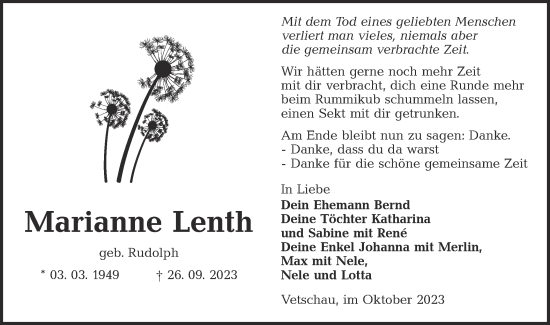 Traueranzeige von Marianne Lenth von Lausitzer Rundschau