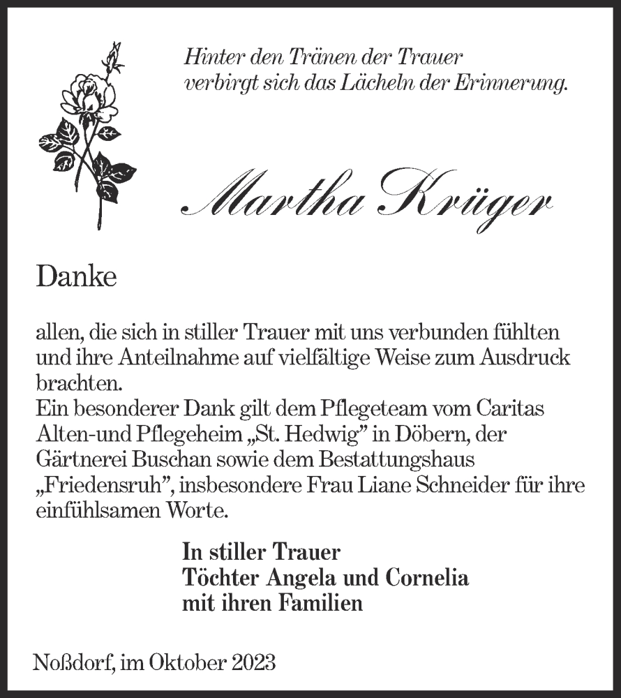  Traueranzeige für Martha Krüger vom 14.10.2023 aus Lausitzer Rundschau