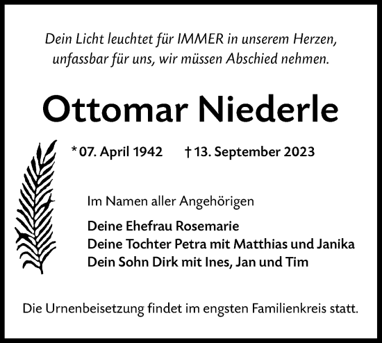 Traueranzeige von Ottomar Niederle von Lausitzer Rundschau