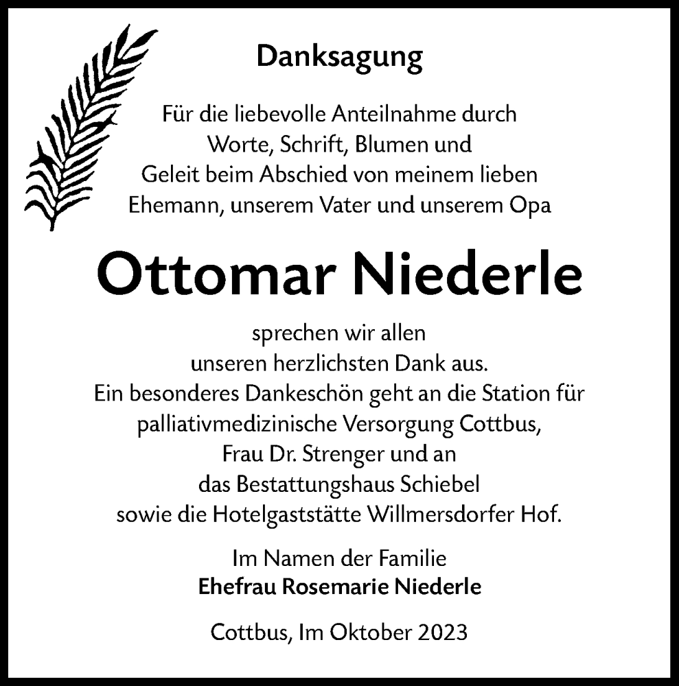  Traueranzeige für Ottomar Niederle vom 21.10.2023 aus Lausitzer Rundschau
