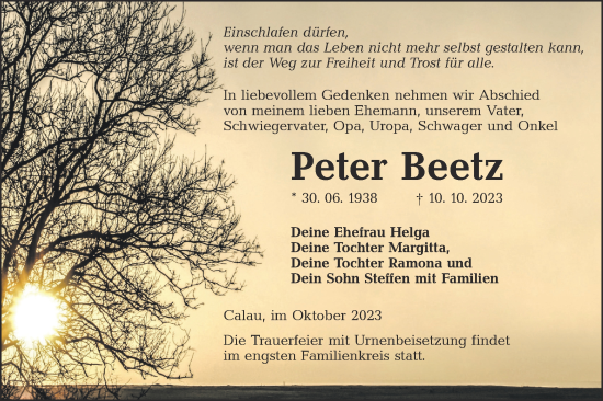 Traueranzeige von Peter Beetz von Lausitzer Rundschau