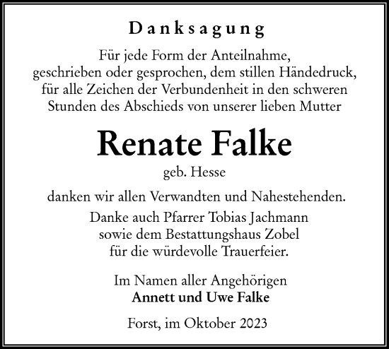 Traueranzeige von Renate Falke von Lausitzer Rundschau